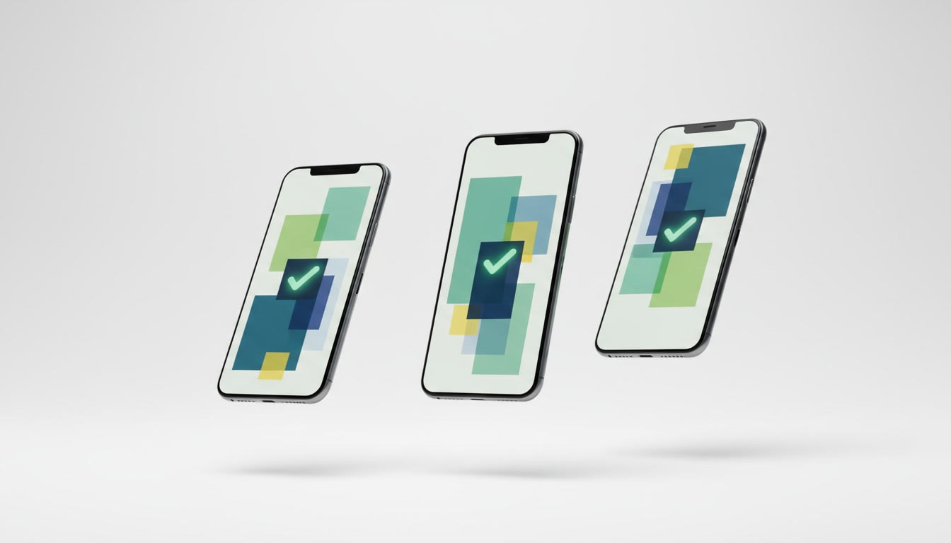 Trois écrans de smartphone inclinés affichant des dashboards géométriques avec validations vertes — top sites sondages rémunérés 2026