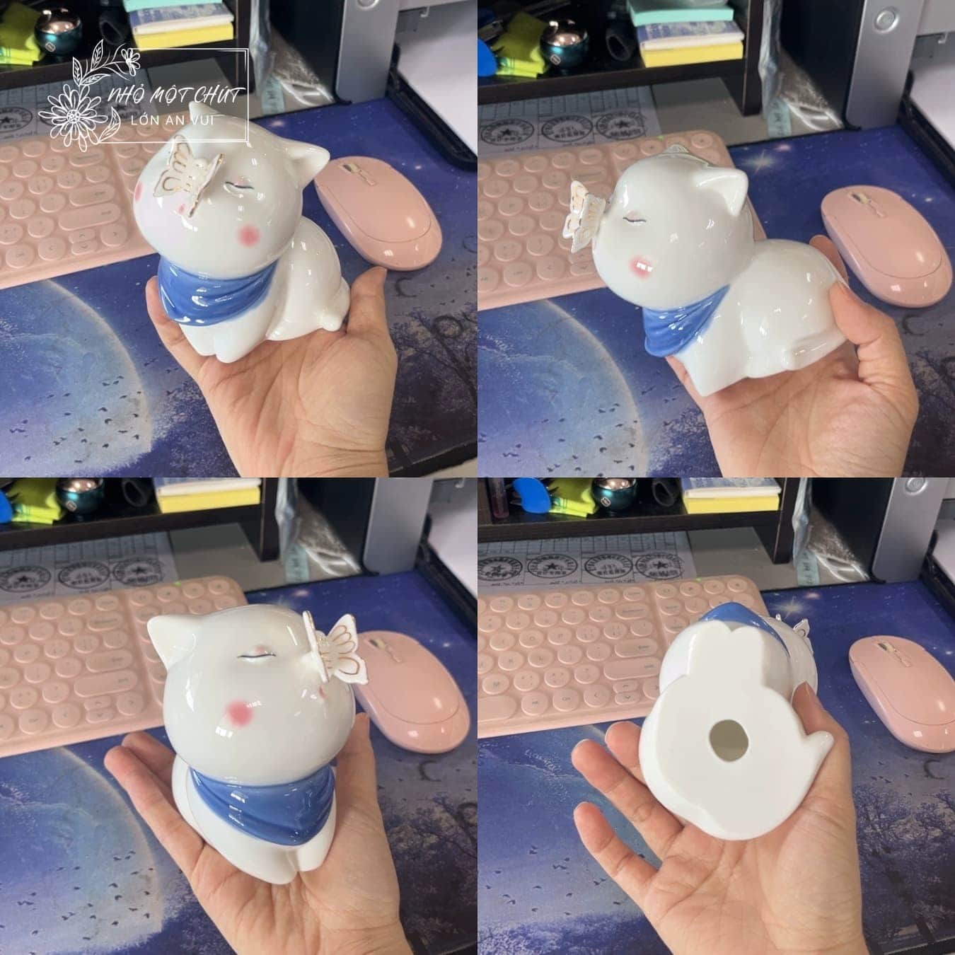 Mèo gốm An Yên được chụp nhiều góc thực tế, thể hiện kích thước nhỏ gọn và nét dễ thương.