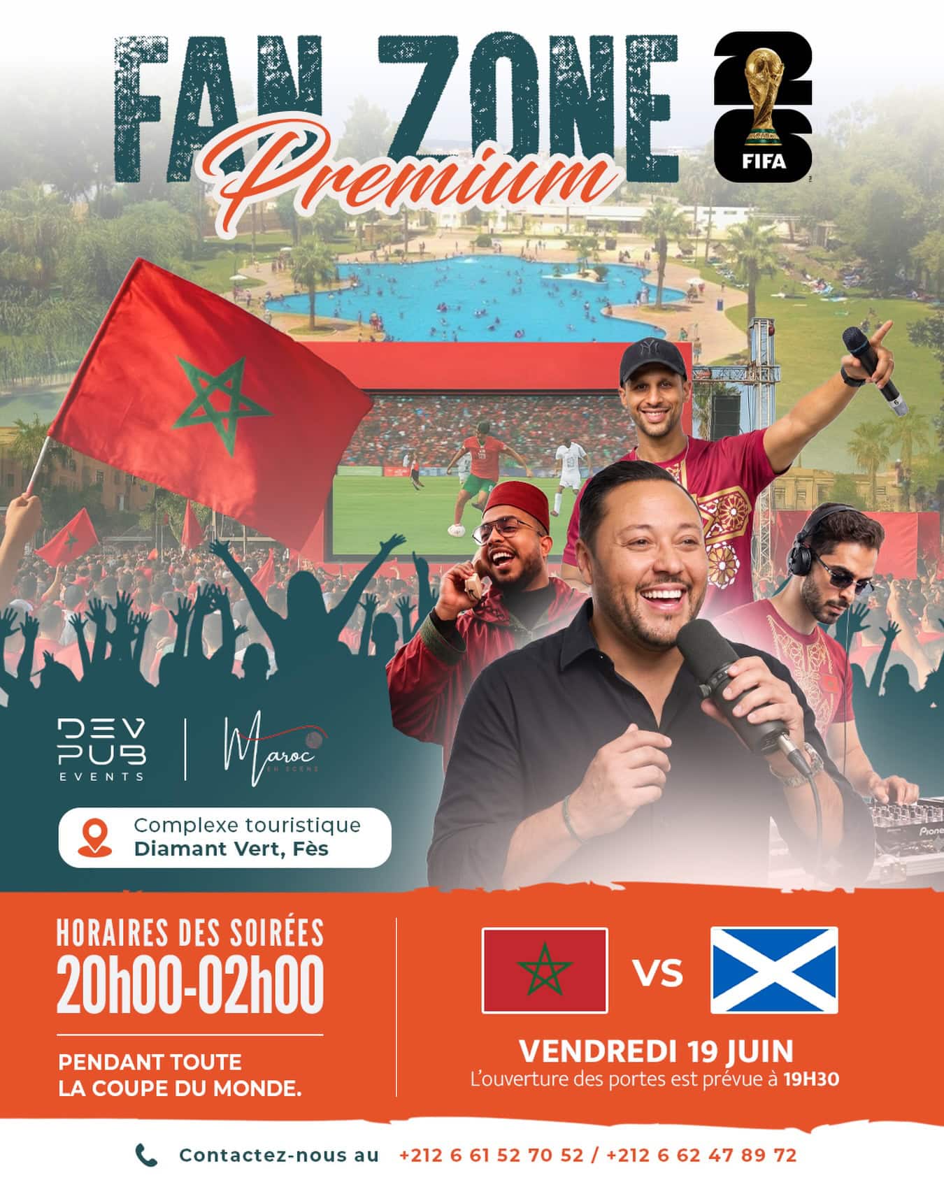 Découvrez la Fan Zone Premium Fès organisée par DevPub Events, agence événementiel Maroc. Une expérience immersive avec écran géant, animations et ambiance festive.