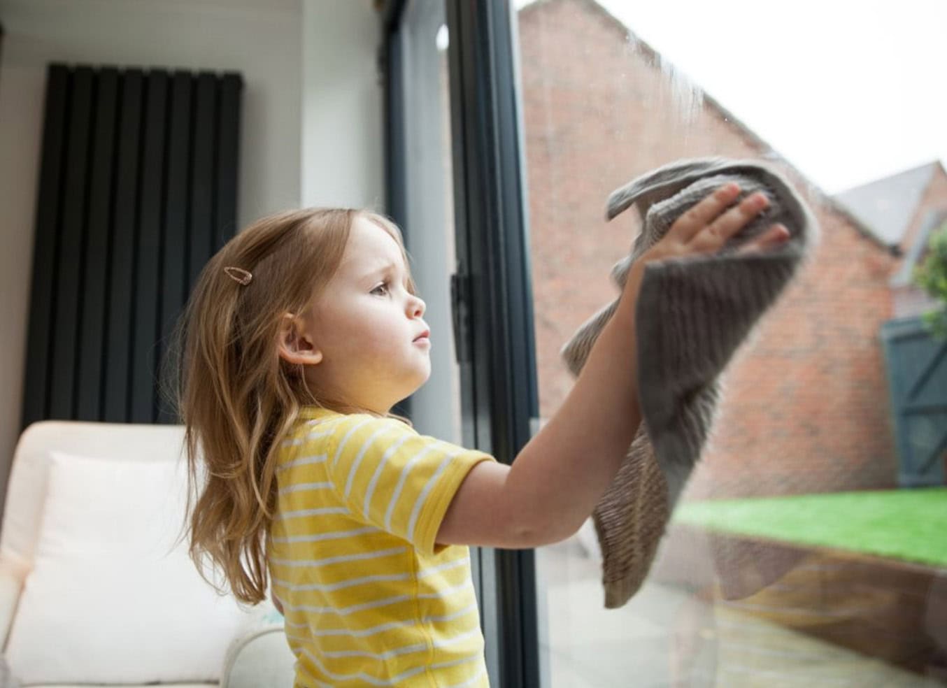 A little girl in a yellow striped shirt wiping a sliding glass door window.