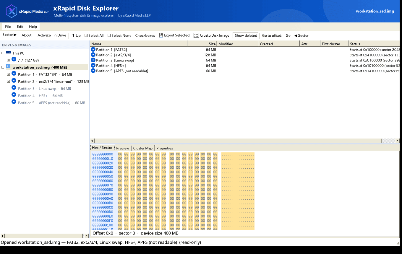 Open any disk or image and see every partition at a glance — FAT32, ext4, Linux swap, HFS+ and APFS — with size and start sector.