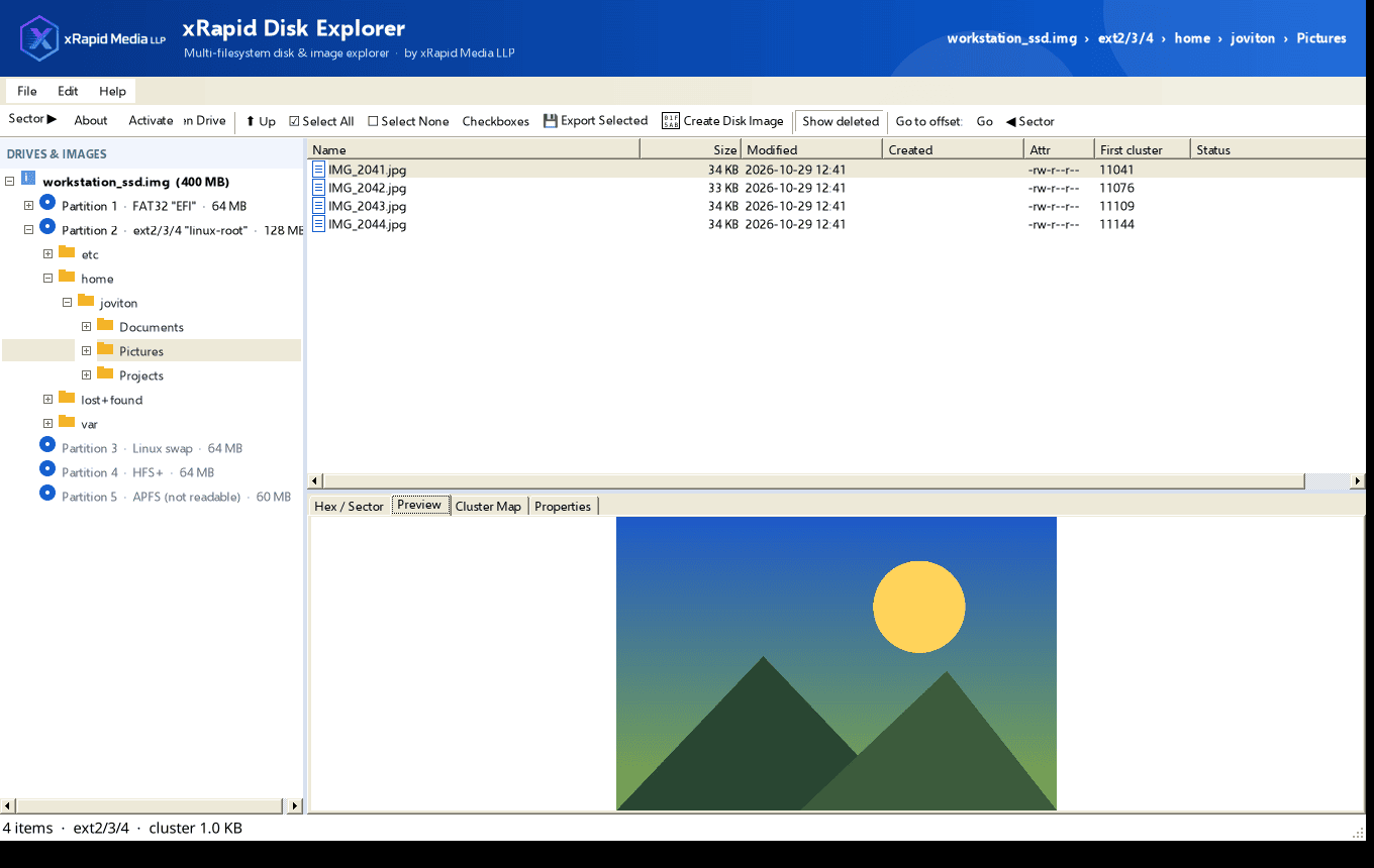 Browse inside a Linux ext4 partition straight from Windows and preview photos before you save them.