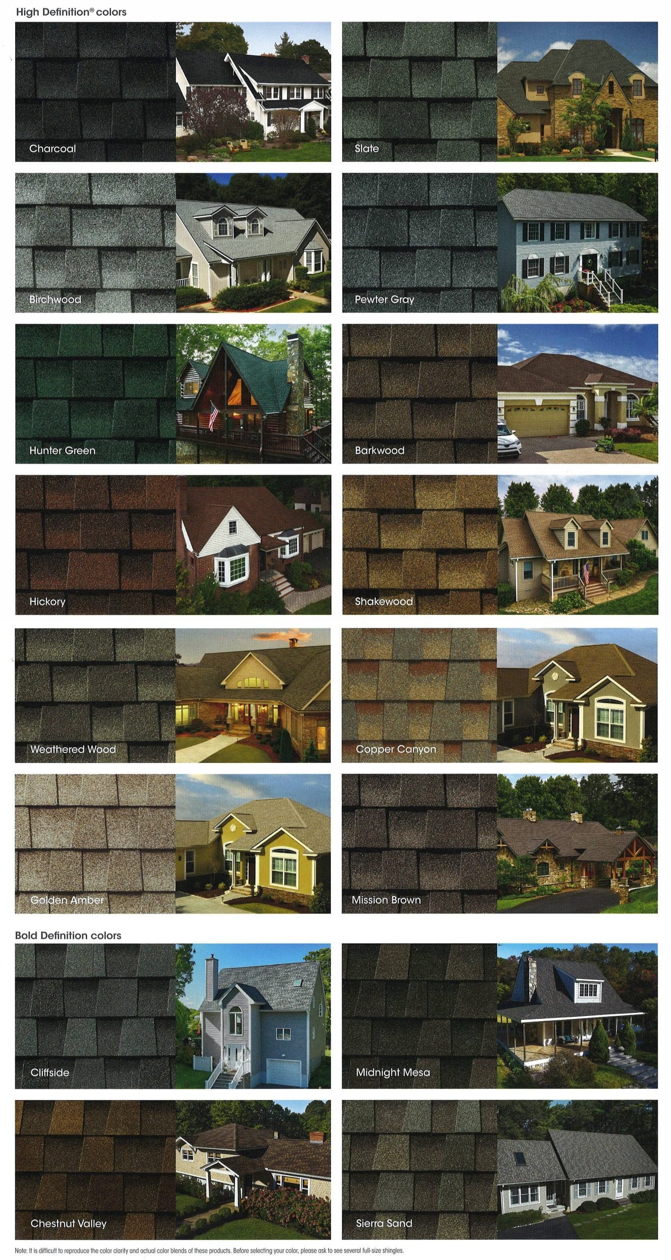 GAF color chart of composite shingles
