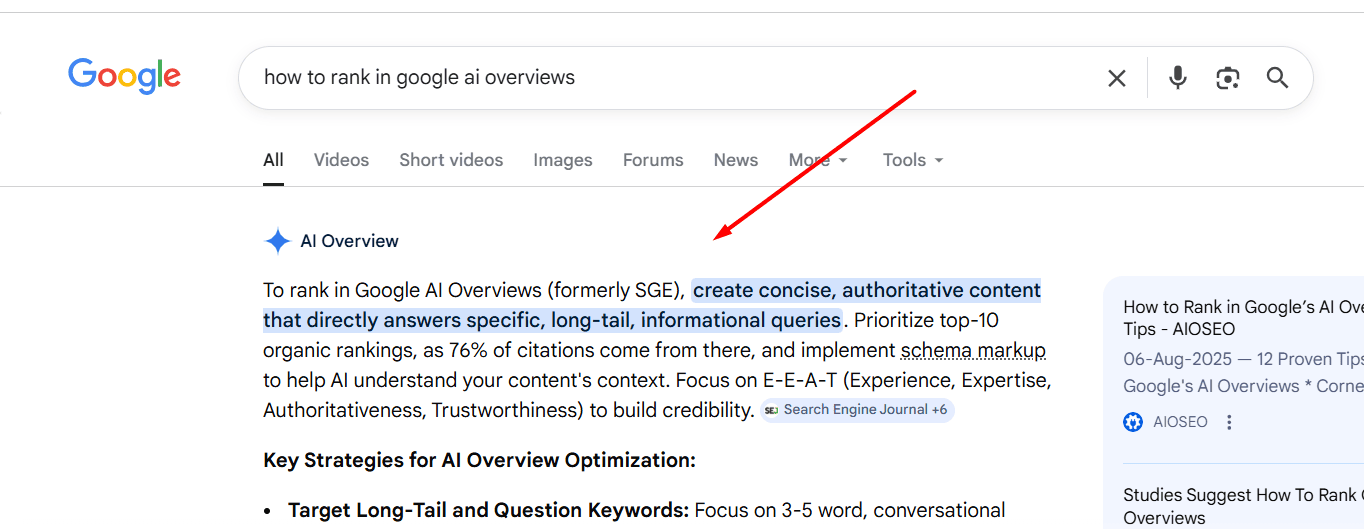 Where AI Overview appears in search results