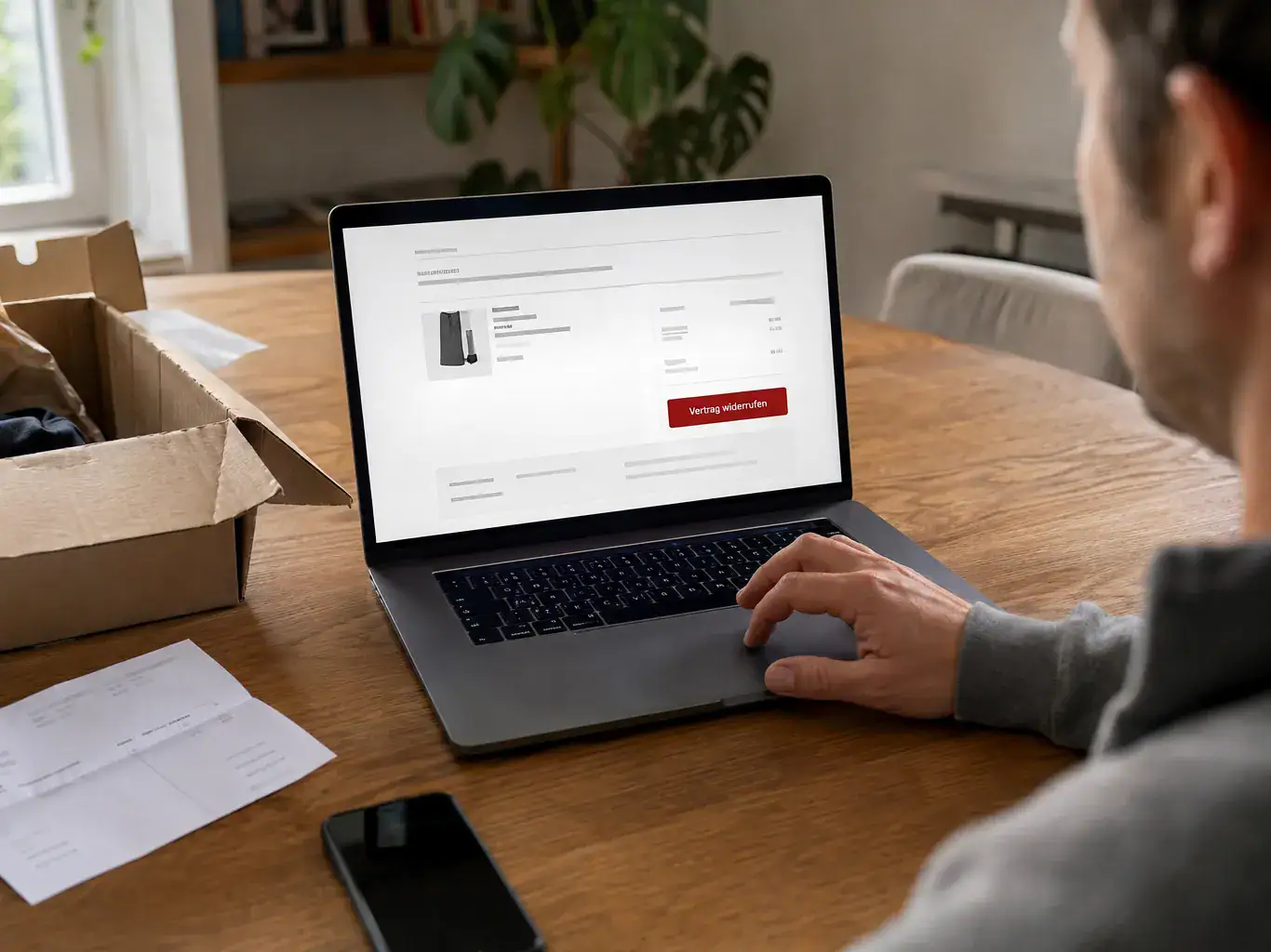 Person nutzt auf einem Laptop eine Online-Vertragsseite mit hervorgehobenem Button „Vertrag widerrufen“.