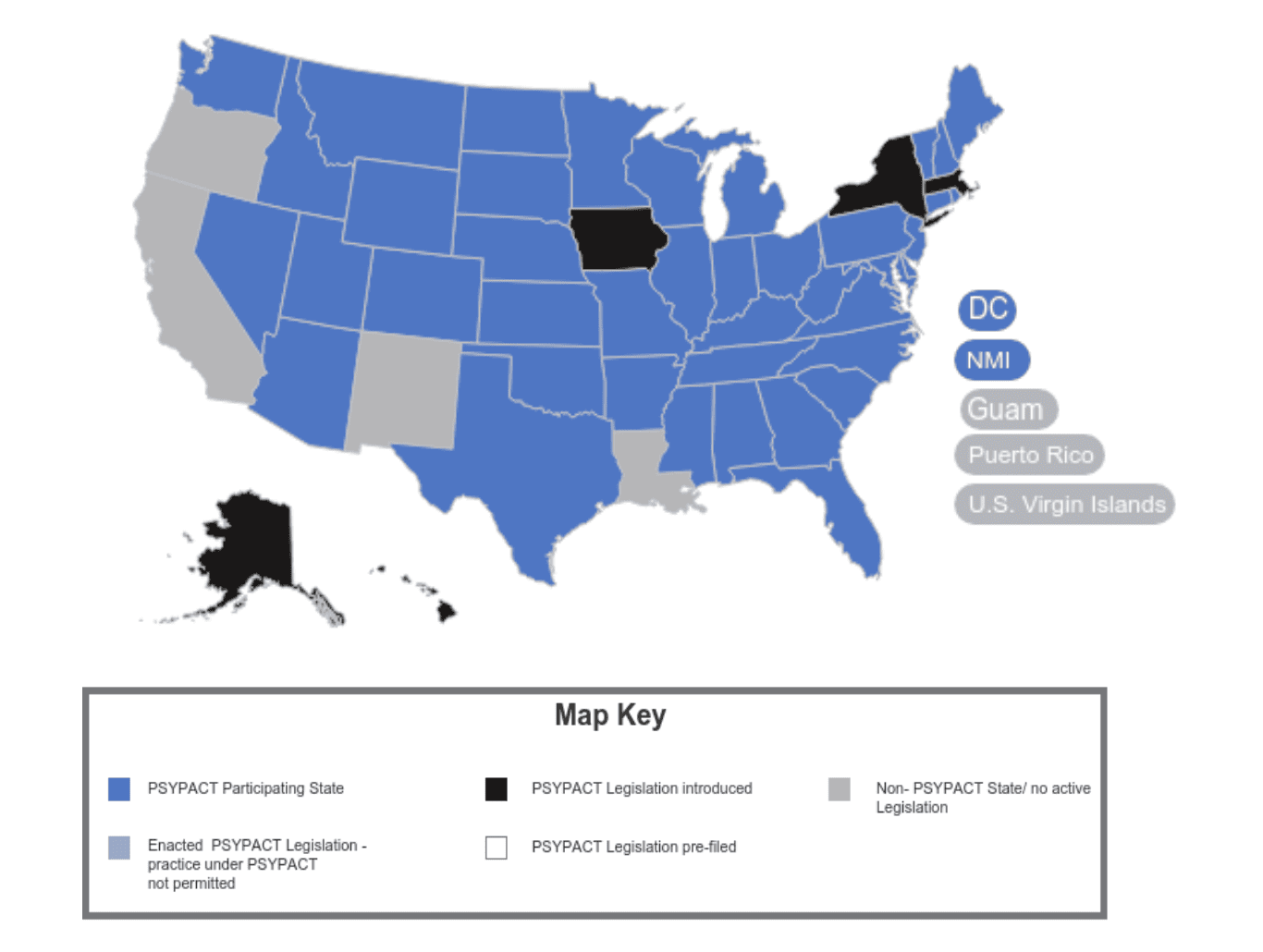 Map of the states in America that recognize the Psypact authorization to practice psychotherapy virtually.