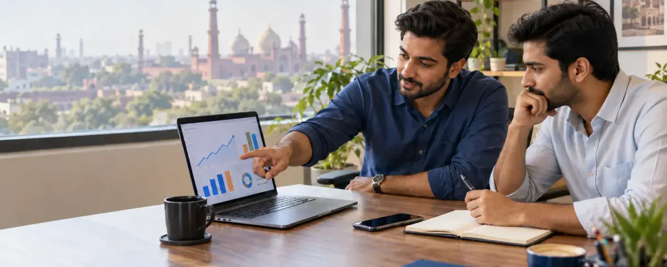 two office workers checking stats on a laptop
