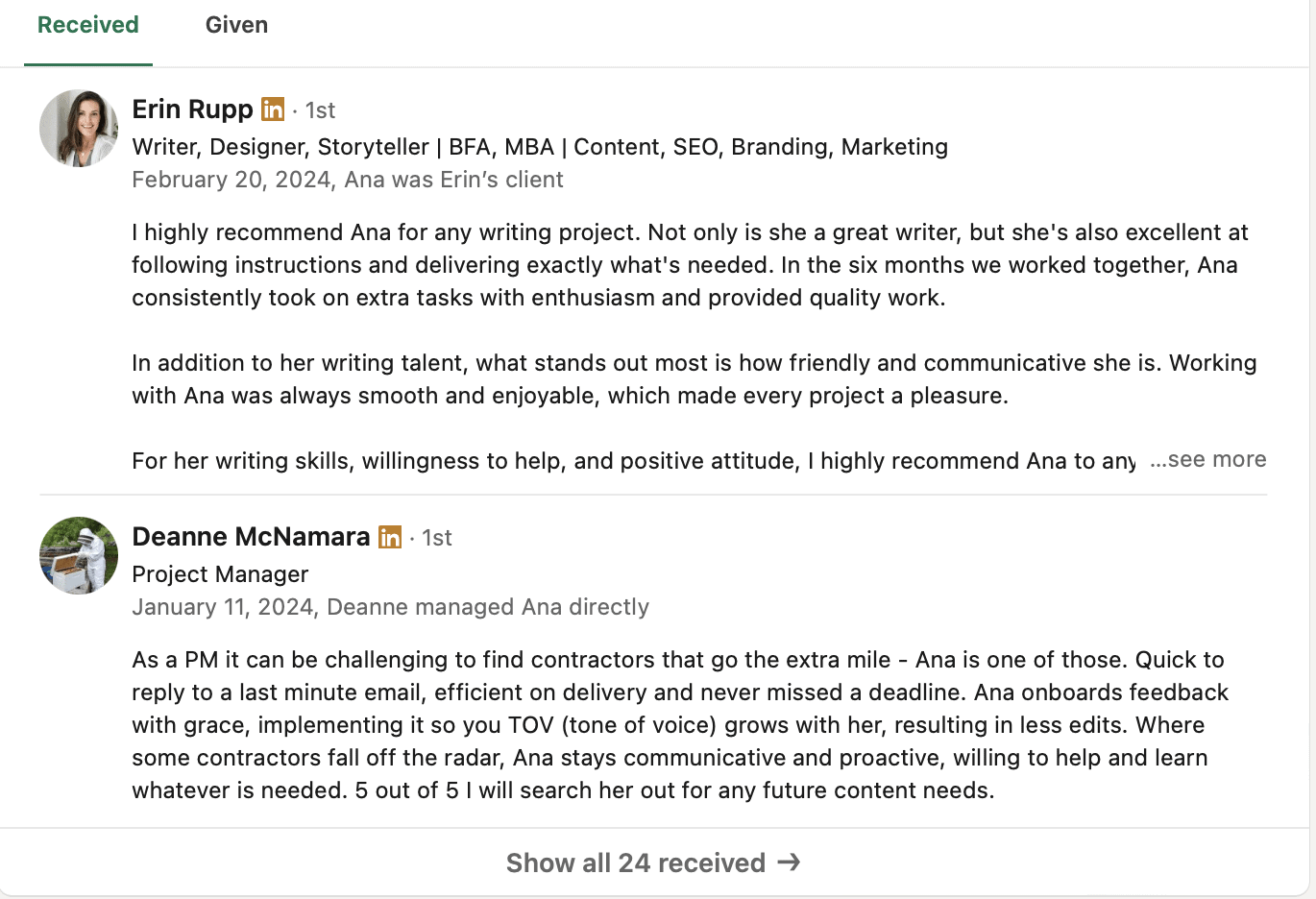LinkedIn recommendations