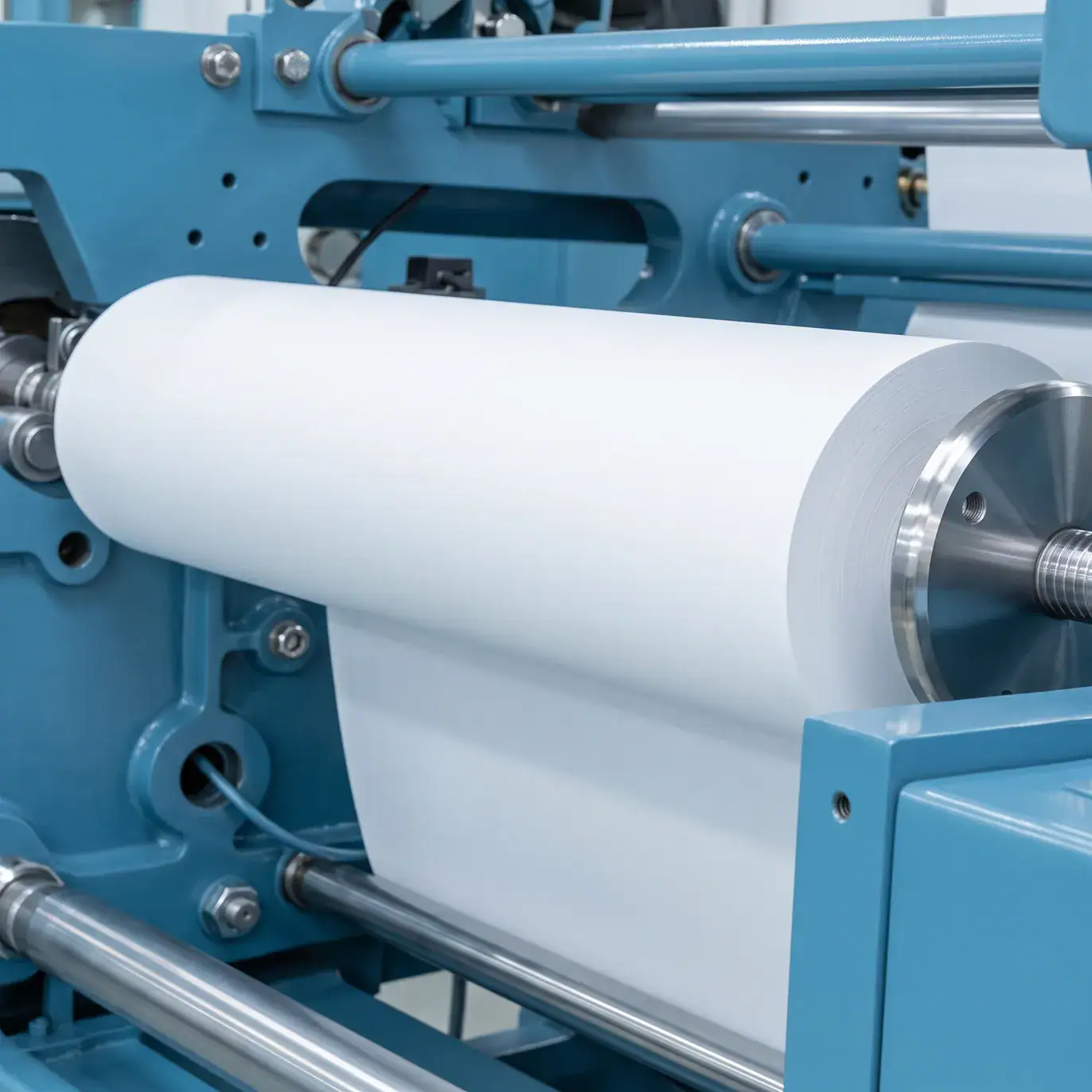 Rollo de papel blanco procesándose en una máquina industrial de corte y rebobinado.