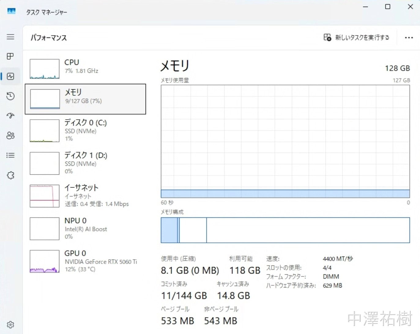 タスクマネージャーのメモリ128GB