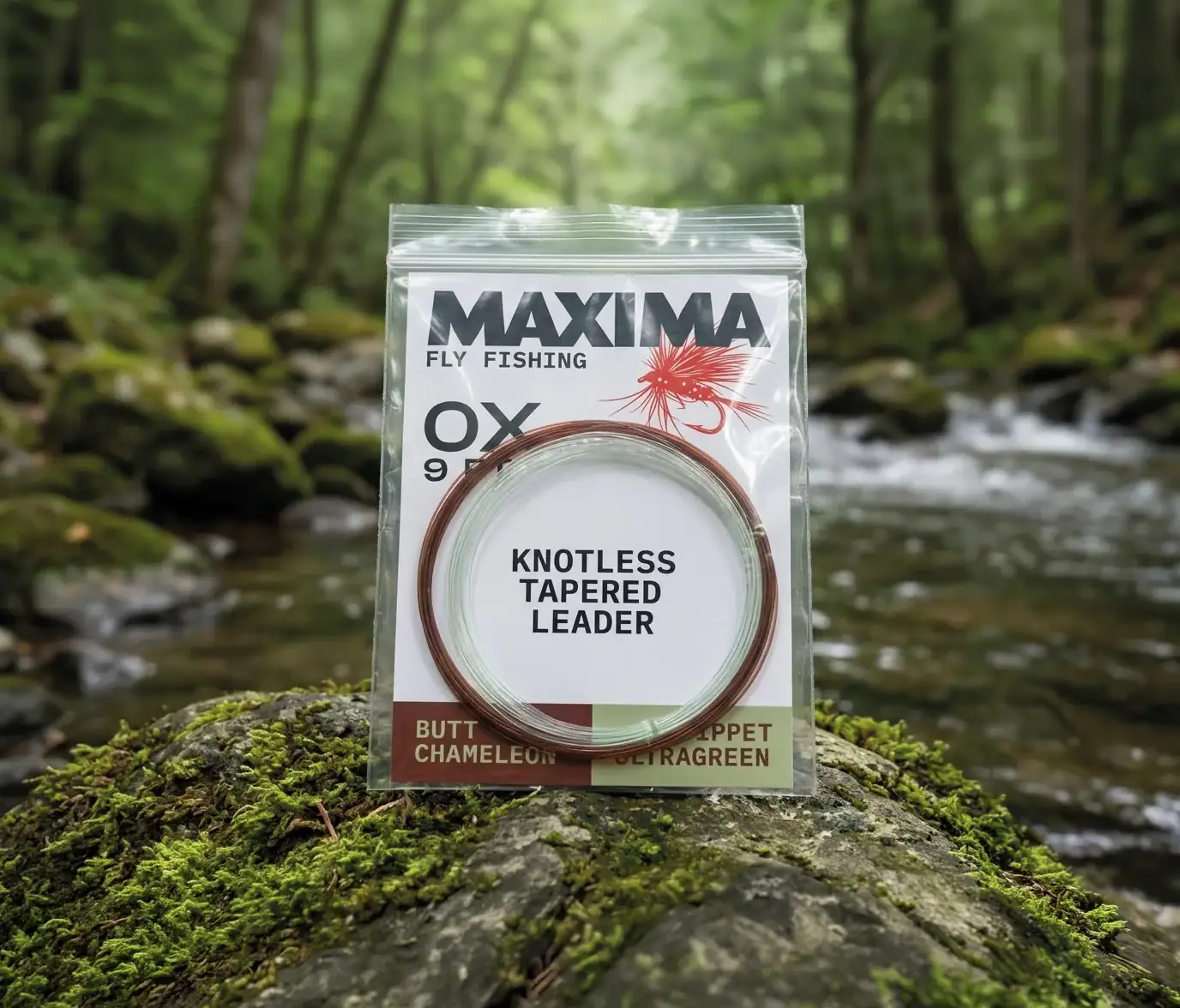 Maxima Fly Fishing knotless tapered leader package with a tied fly on a mossy rock beside a stream