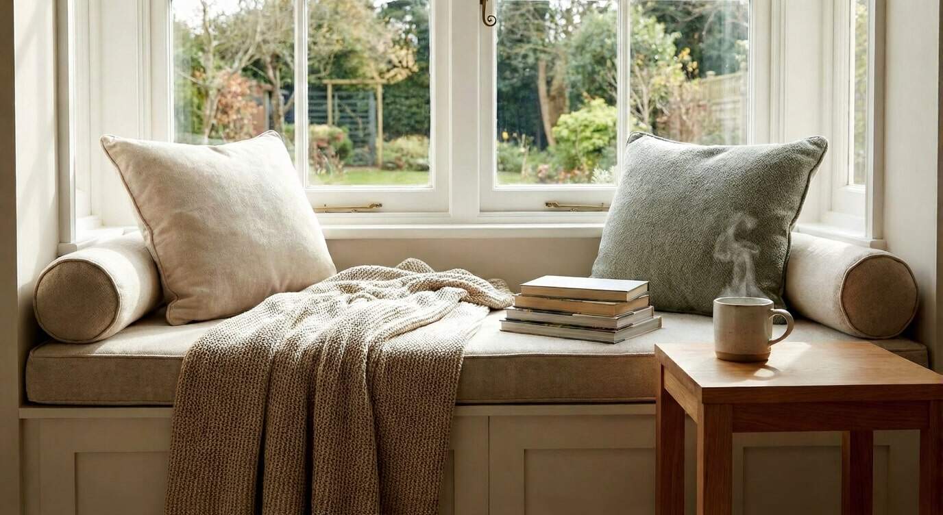 Bright sunroom window seat with cushions, blankets, and a steaming coffee mug.