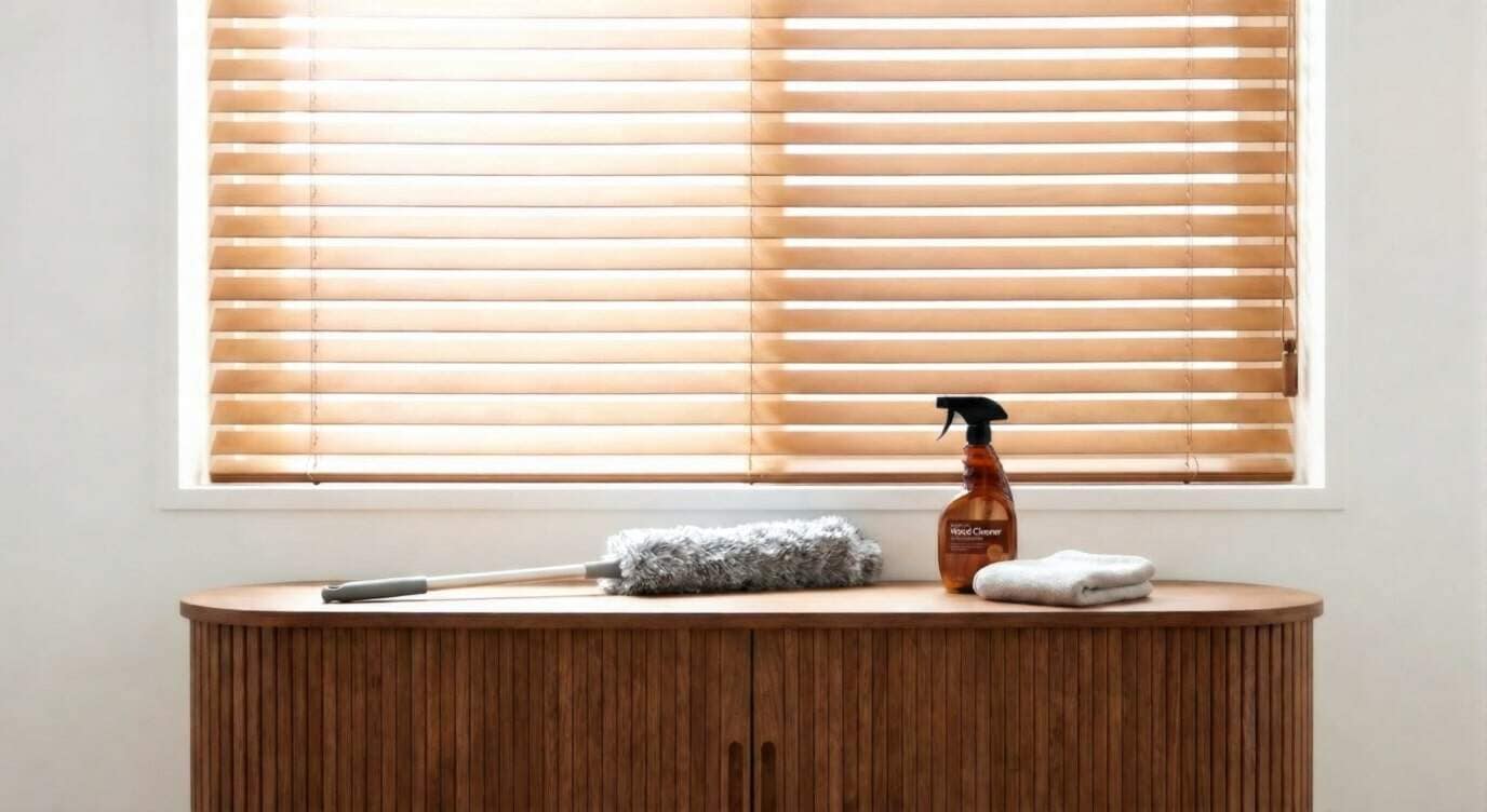 Image of wooden window blinds with cleaning supplies on a sleek wooden cabinet.