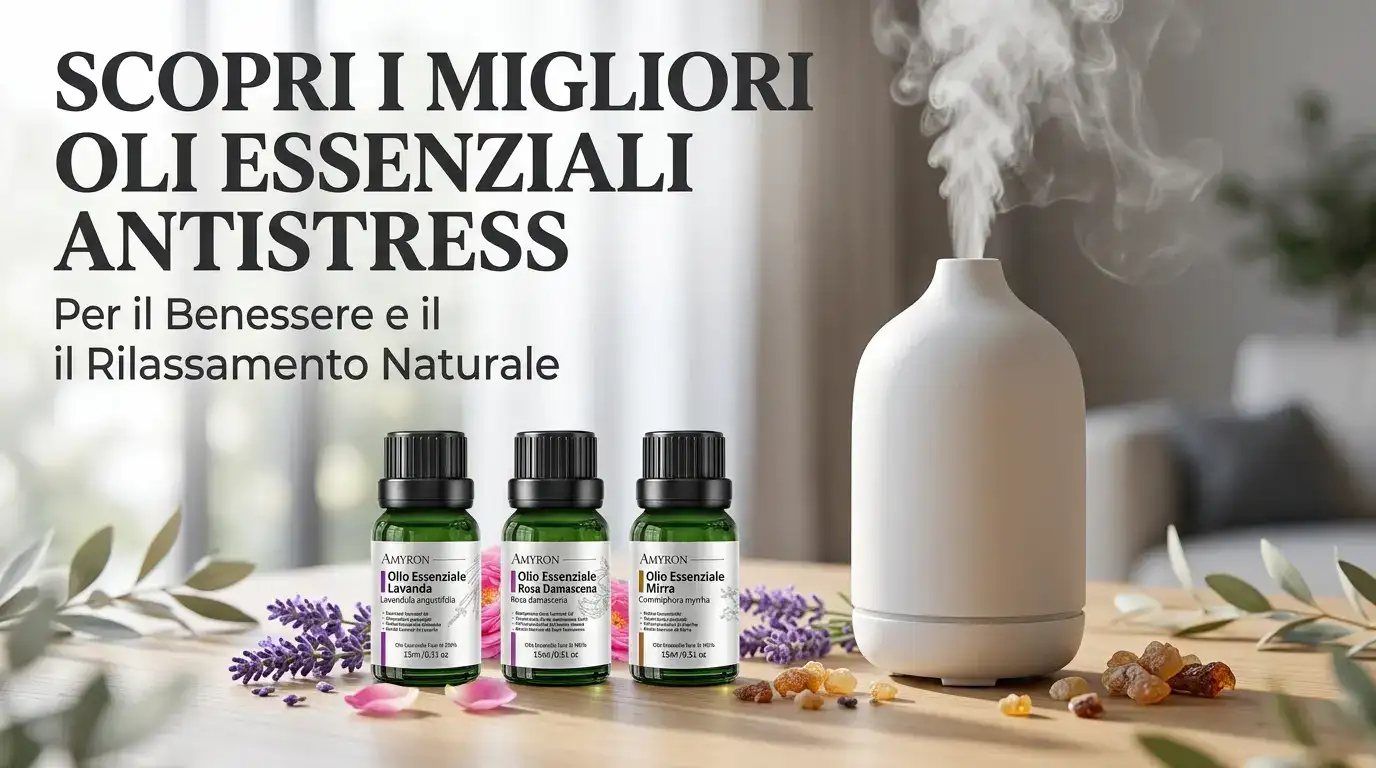 Tre piccole boccette di oli essenziali Amyron (lavanda, rosa, mirra) e un grande diffusore a vapore su un tavolo di legno.