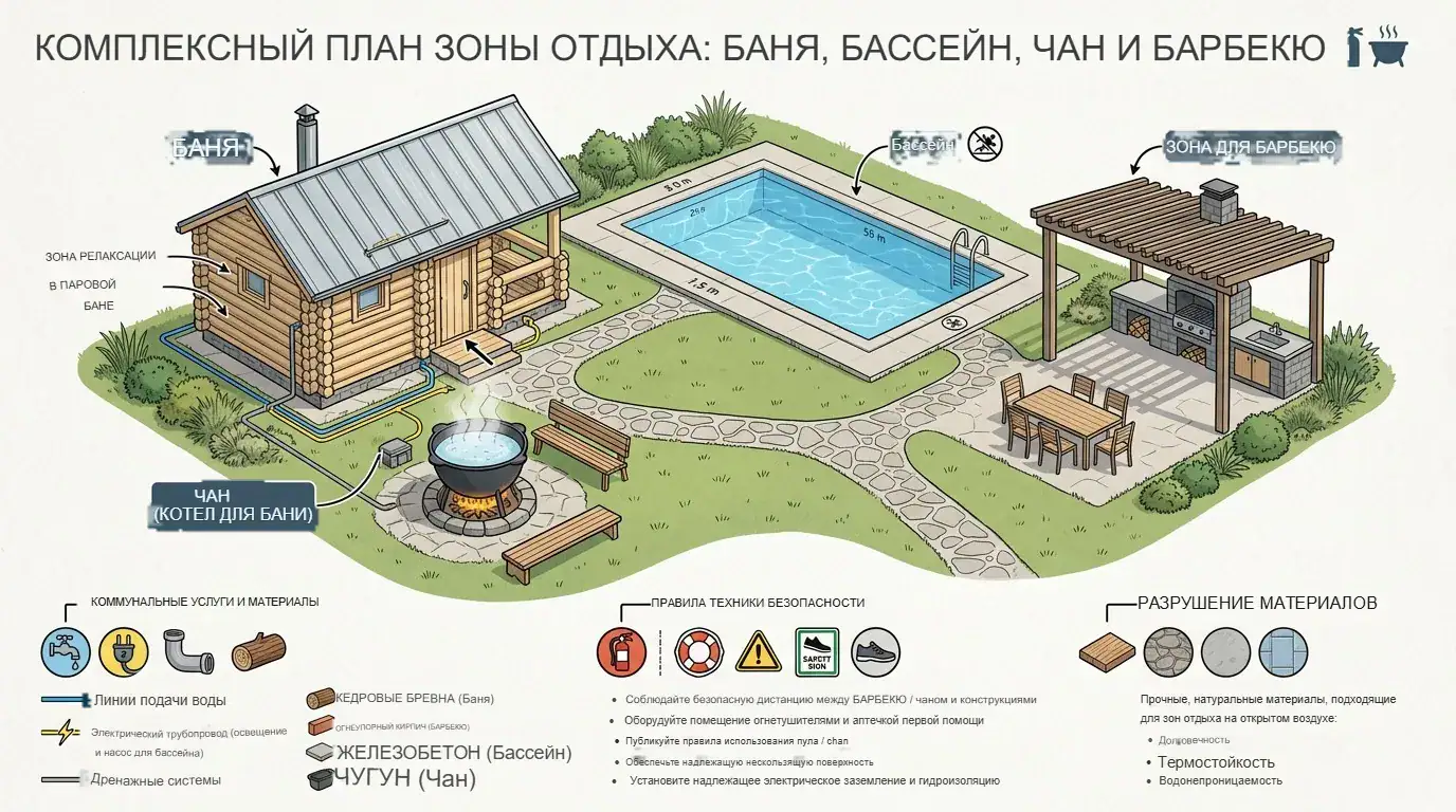 Расположение бассейна, чана, барбекю