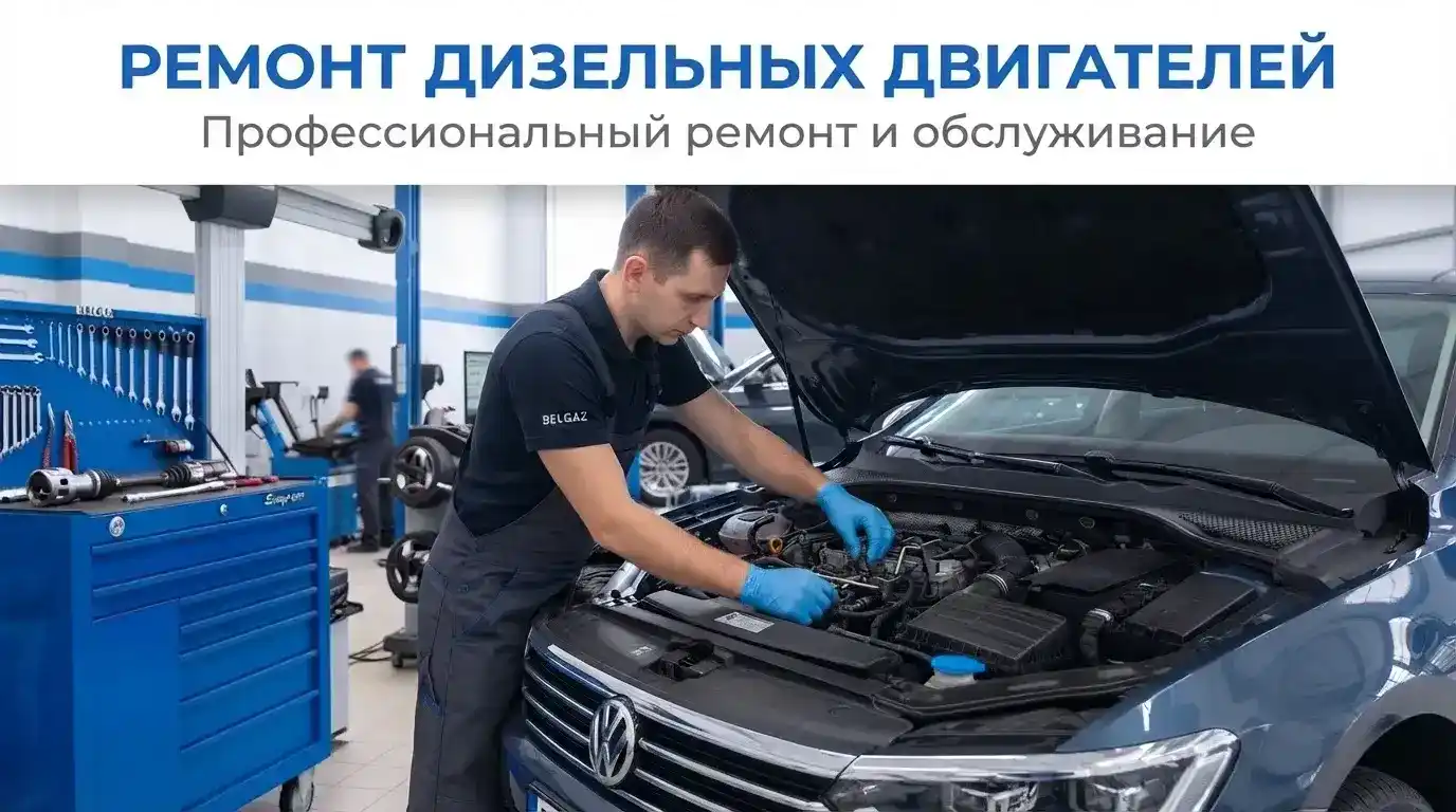 Ремонт дизельных двигателей в Минске: мастер СТО Belgaz проверяет двигатель в моторном отсеке