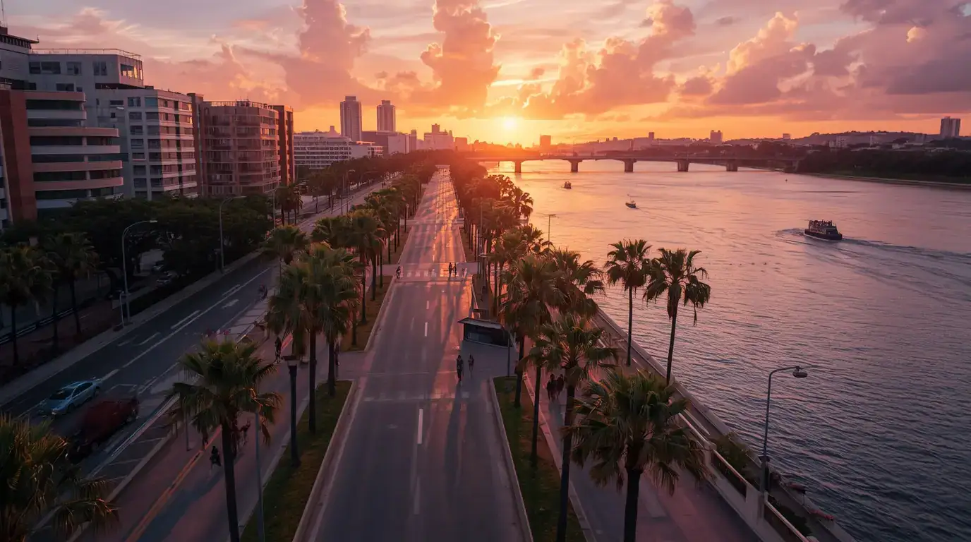 Vista aérea de la costanera de Encarnación con el río Paraná al atardecer.