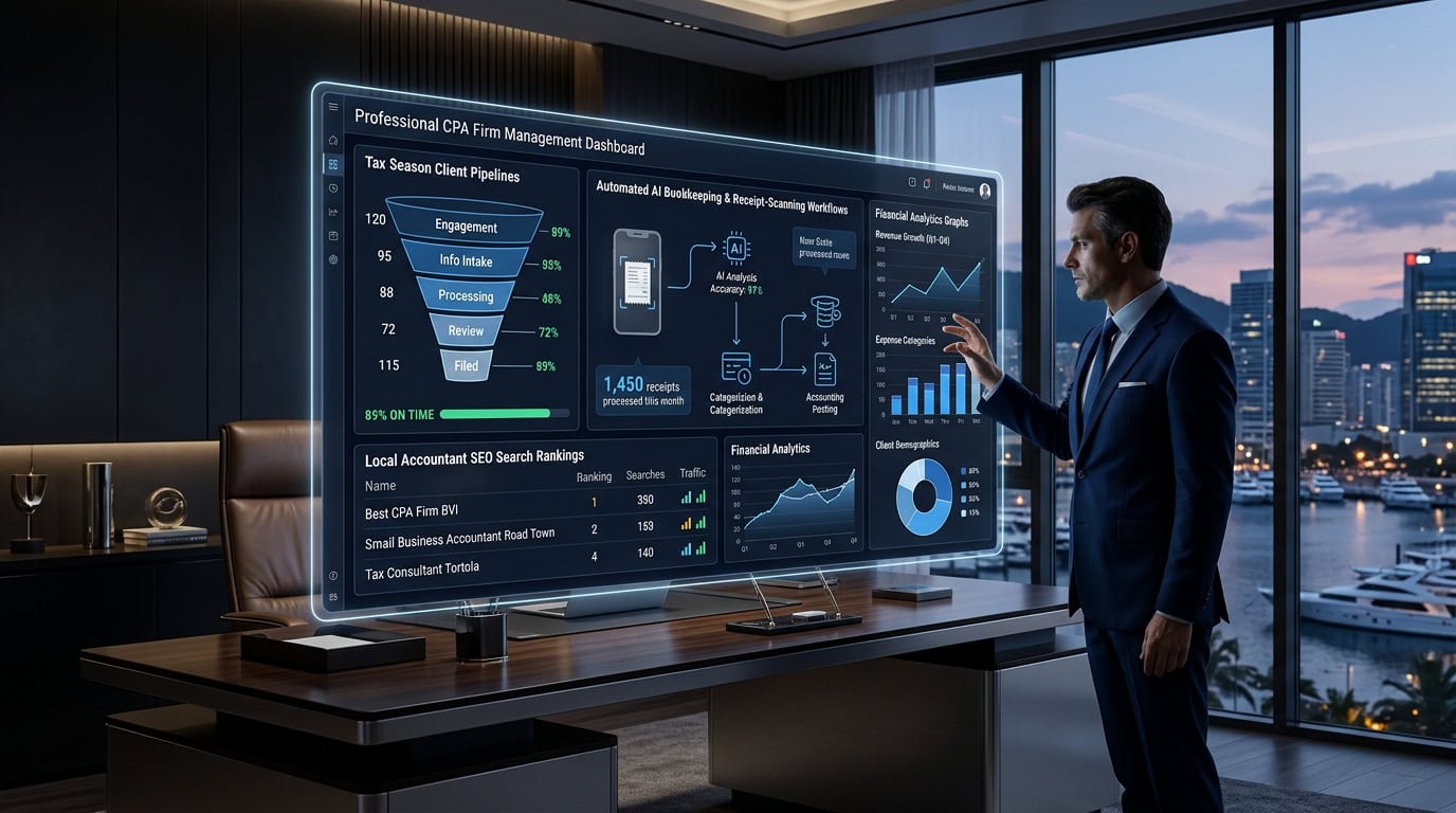 Concept illustration of an accounting practice workspace with digital workflow screens