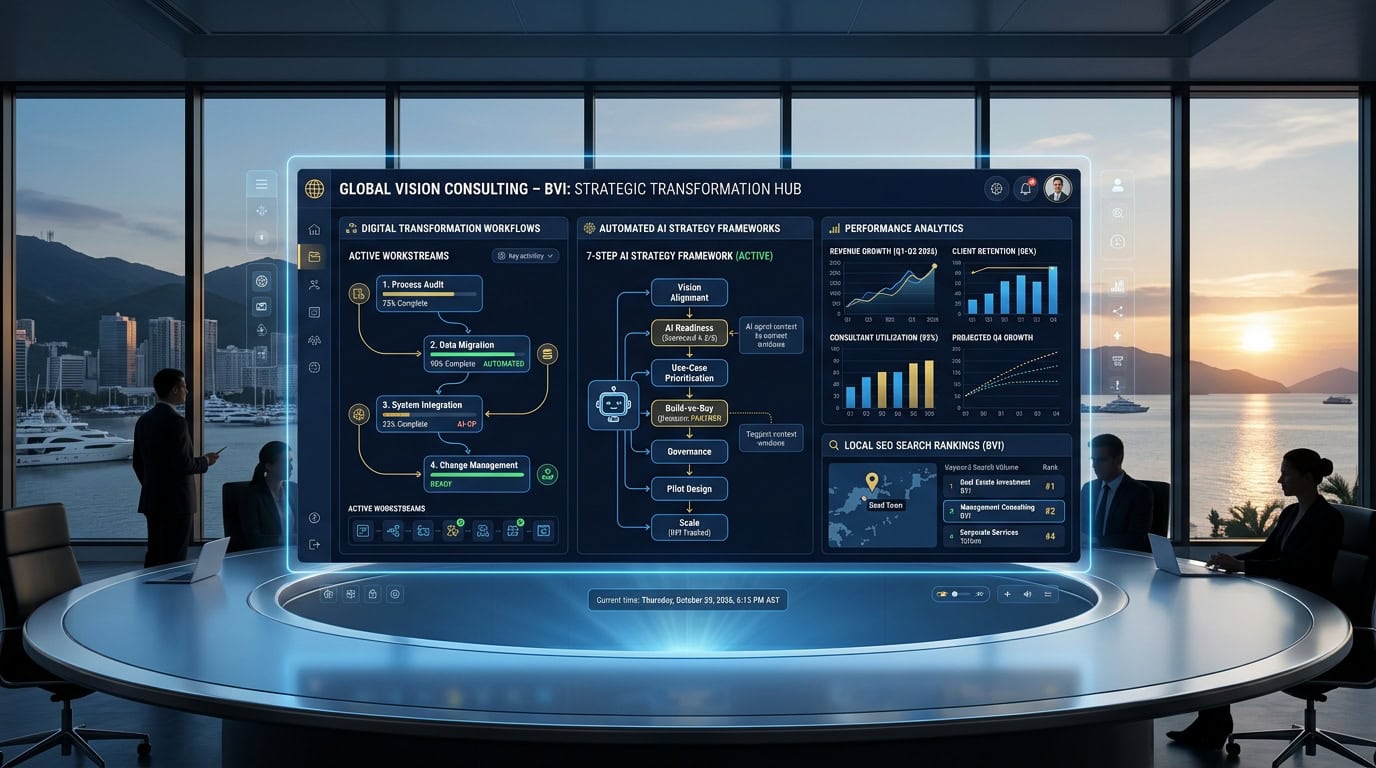 Concept illustration of a management consulting boardroom with digital workflow screens