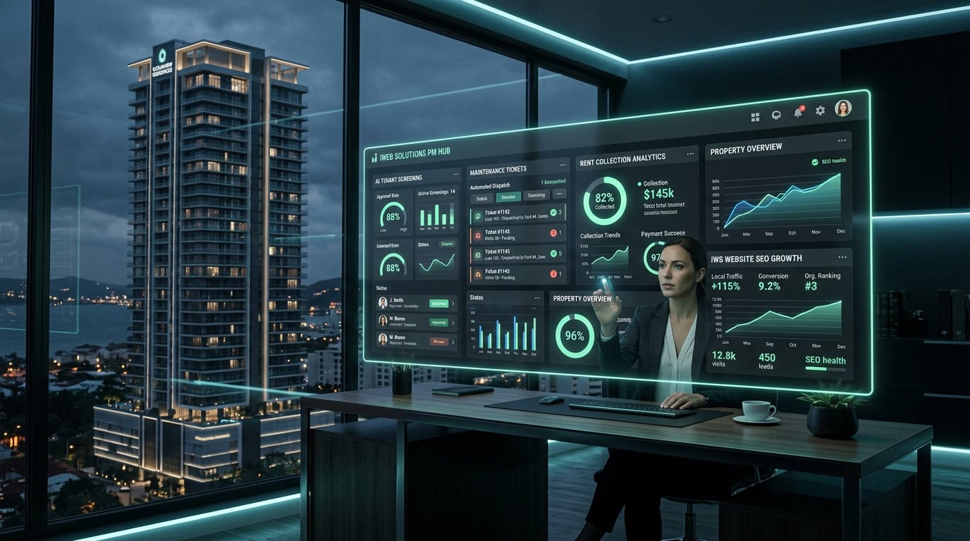 Concept illustration of a property manager using digital property management and website tools
