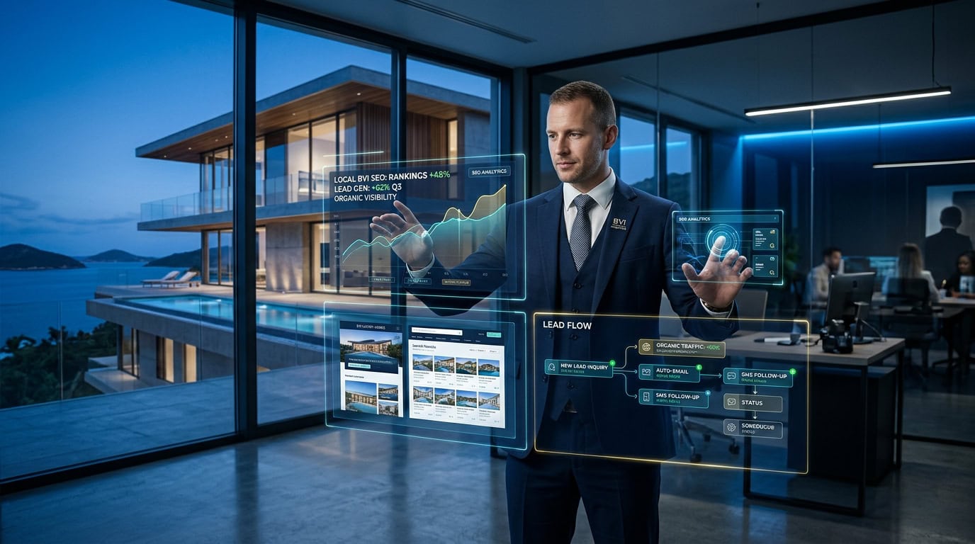 Concept illustration of a real estate professional using digital property, search and enquiry tools