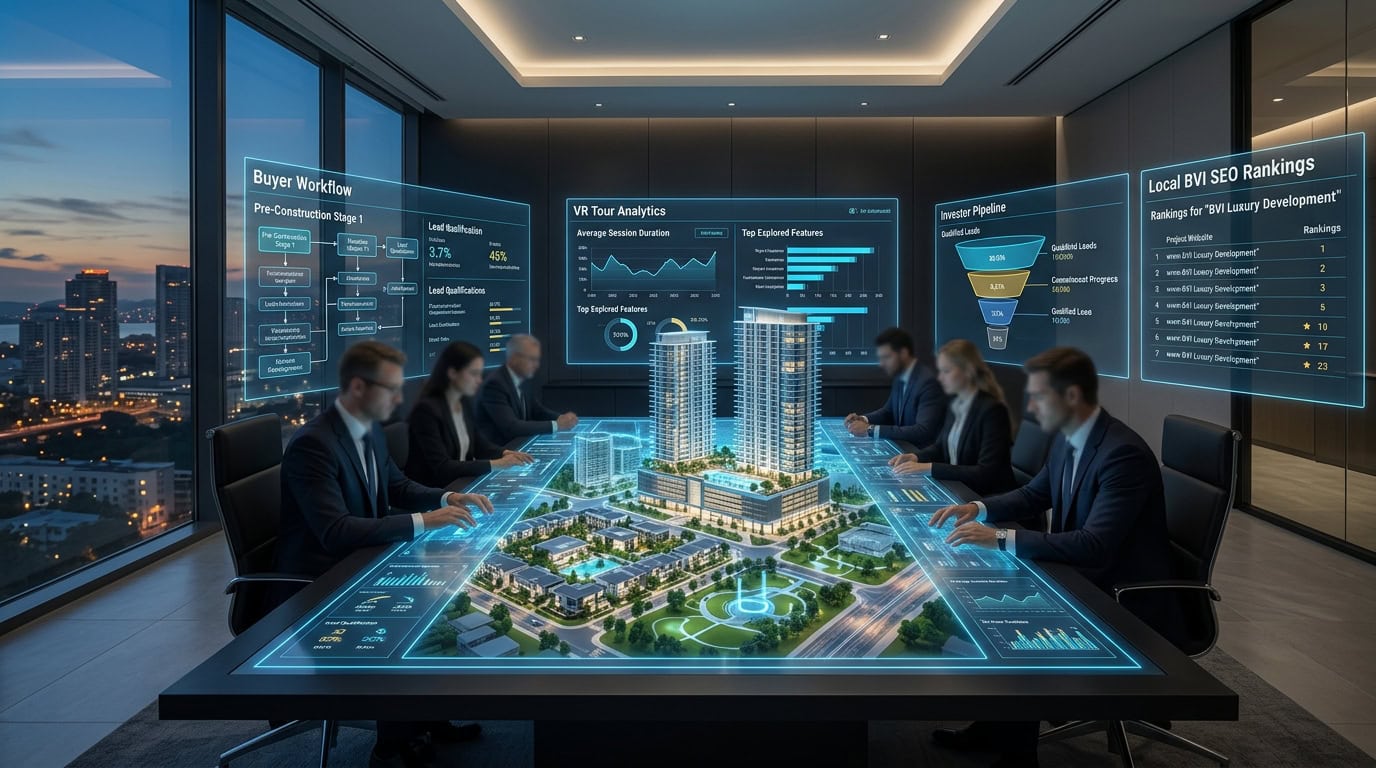 Concept illustration of real estate development websites, search visibility and enquiry workflows