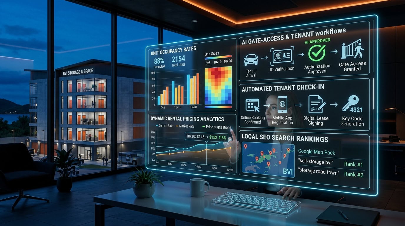 Concept illustration of storage facility websites, search visibility and digital enquiry workflows