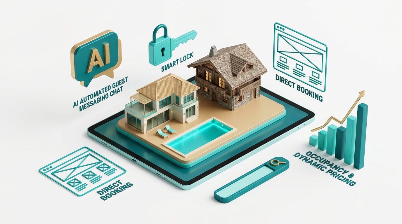 Concept illustration of vacation rental websites, guest communication and property management workflows