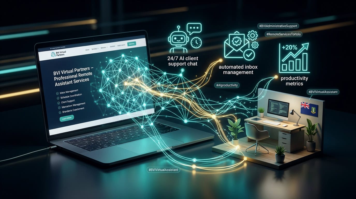Concept illustration of a virtual assistant website, remote workspace and connected administrative tools
