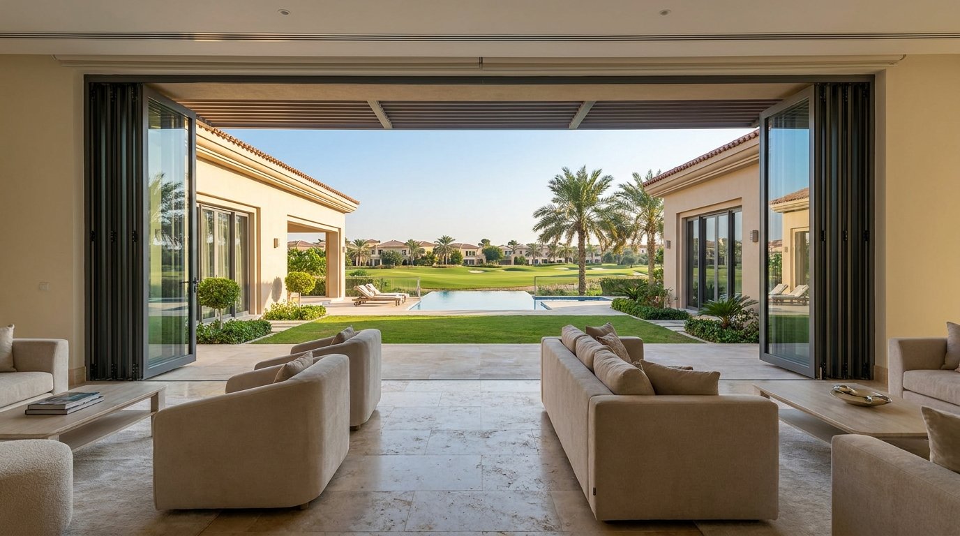 Aluminium doors opening onto a garden in a newly handed over UAE villa