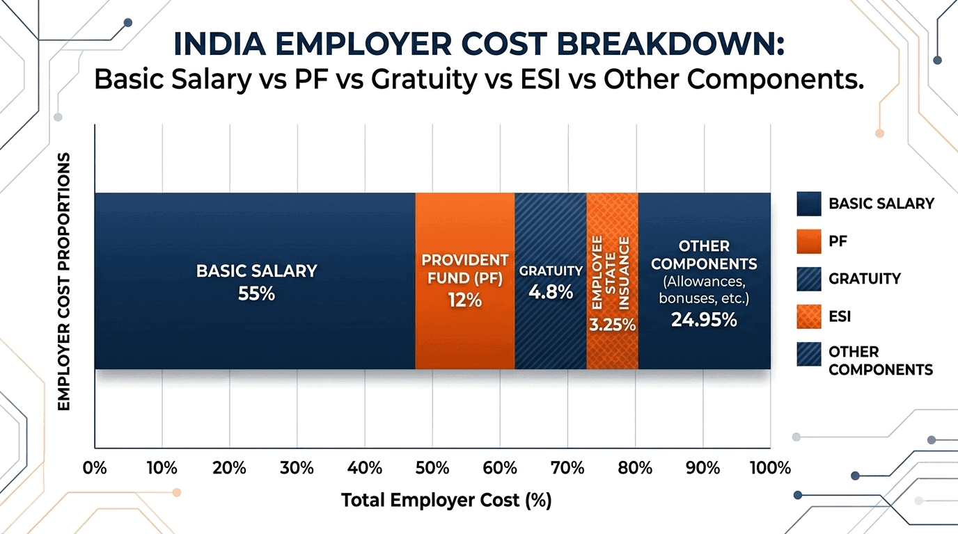Infographic showing India employer statutory cost breakdown — PF, ESI, Gratuity, and other components