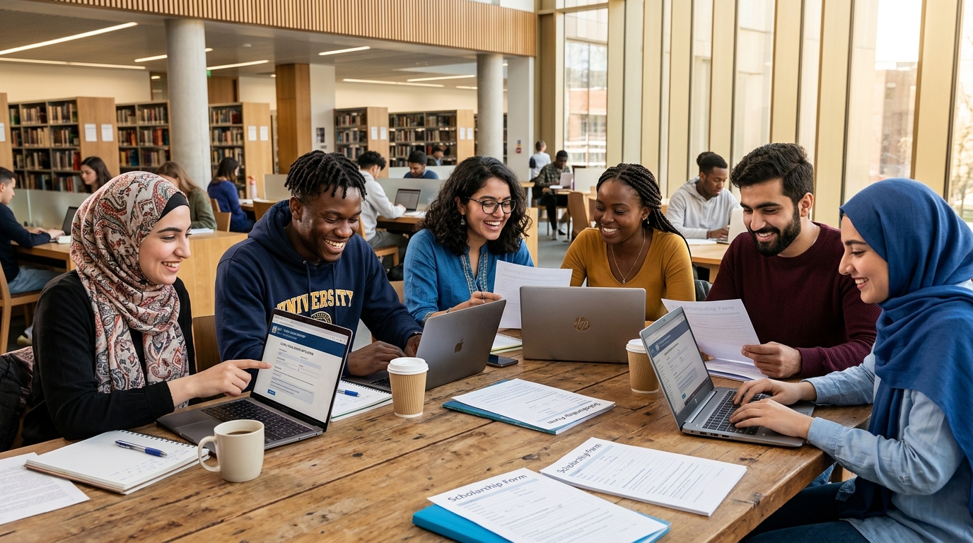Diverse international students researching scholarships on laptops — Study Tribune education and scholarship blog