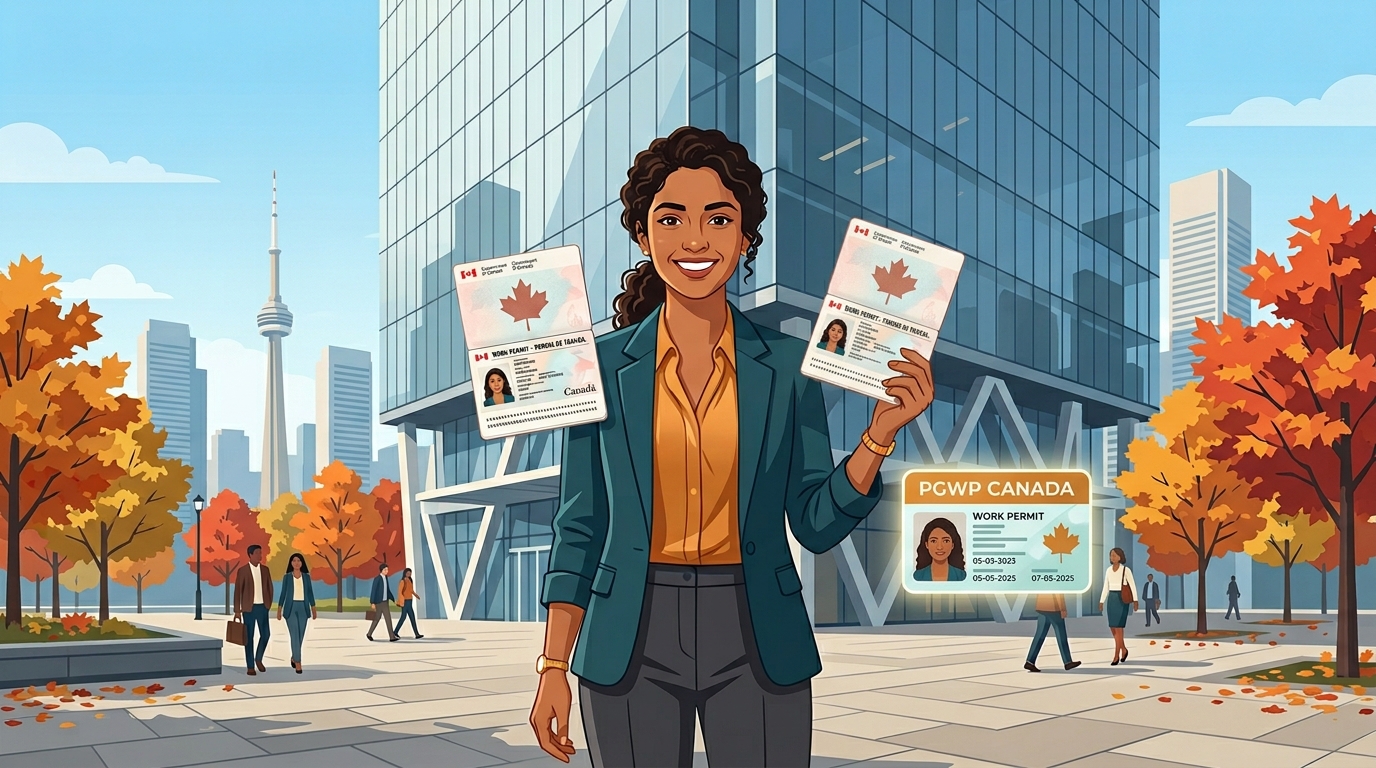 International student holding a Canadian Post-Graduation Work Permit in front of a Toronto office tower, representing Study and Work Opportunities in Canada for International Students 2026