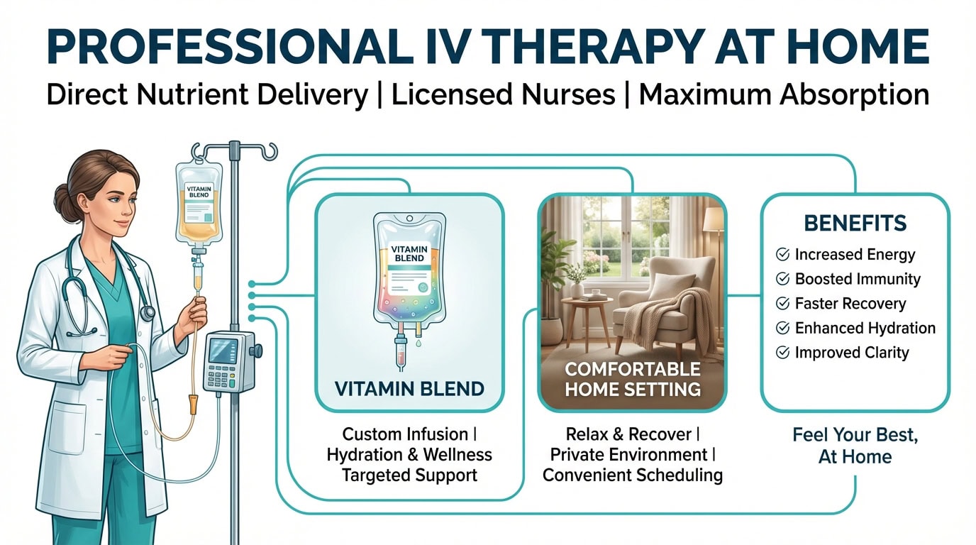Infographic overview of professional at-home IV therapy services, featuring a nurse administering a custom vitamin blend. The graphic highlights the convenience of treatment in a comfortable home setting and lists key benefits such as increased energy, boosted immunity, faster recovery, and enhanced hydration.