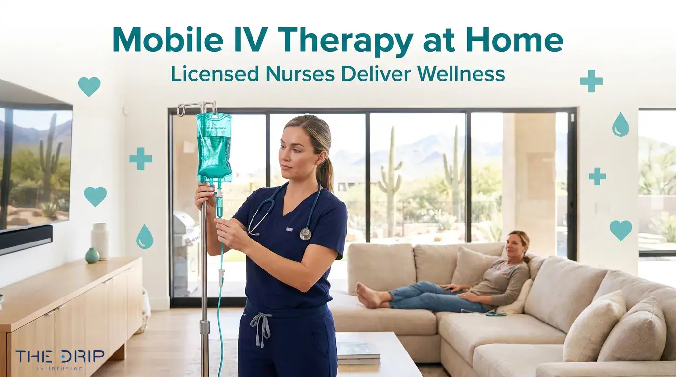 Mobile IV therapy at home in Chandler showing a licensed nurse setting up an IV drip for wellness support.