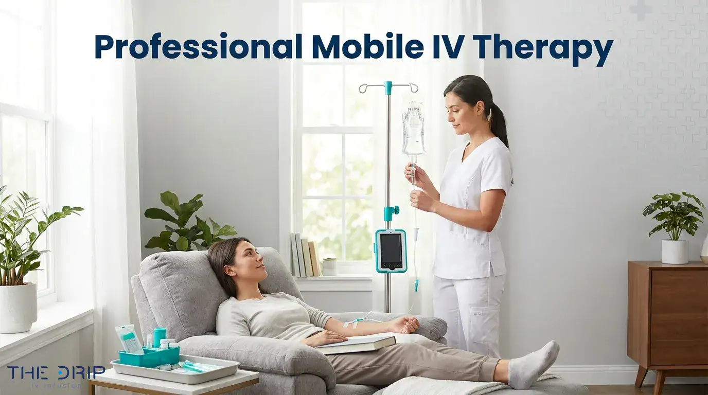 Professional mobile IV therapy nurse administering at-home IV infusion treatment with The Drip IV Infusion branding.
