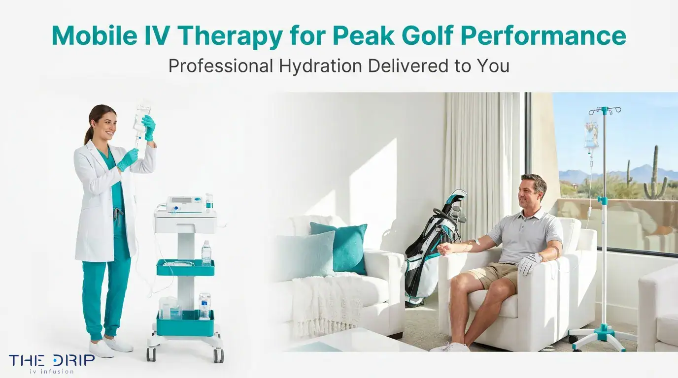 Mobile IV therapy for golfers showing a nurse delivering professional hydration treatment to support peak golf performance.