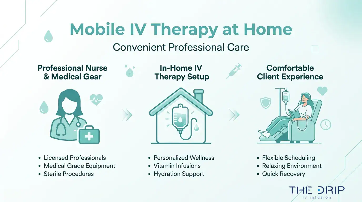 Mobile IV therapy at home infographic showing professional nurse care, in-home IV setup, and comfortable client experience in Scottsdale.
