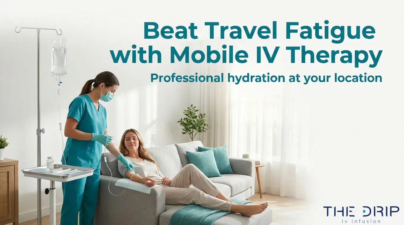 Mobile IV therapy nurse providing hydration treatment to a traveler at home for travel fatigue recovery.