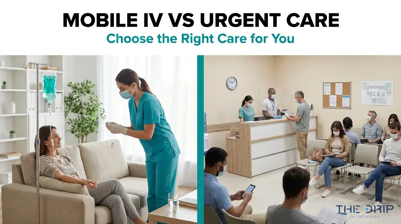 Mobile IV therapy versus urgent care comparison showing in-home IV treatment and an urgent care waiting room.