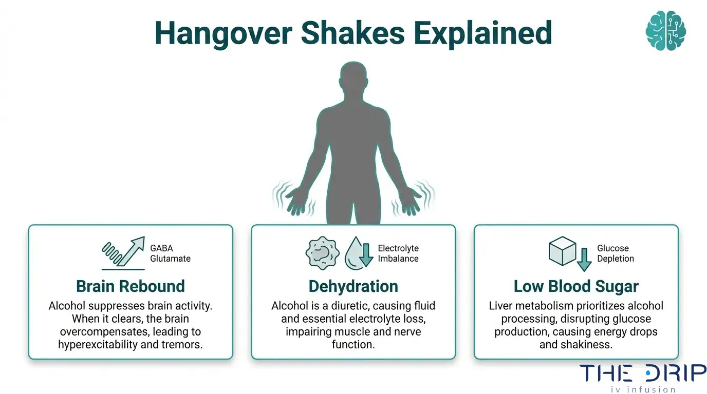 Hangover shakes infographic explaining brain rebound, dehydration, and low blood sugar as possible causes of trembling after drinking alcohol.