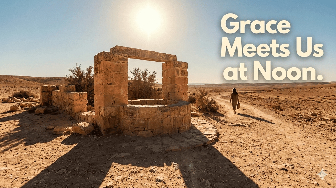 A person walking in a sunlit desert beside an old stone well, with text that reads "Grace Meets Us at Noon." Transcribed Text: Grace Meets Us at Noon.