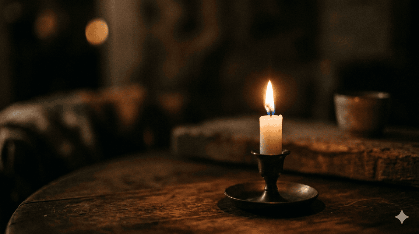 A lit candle in a brass holder on a wooden table in a dimly lit, rustic room.
