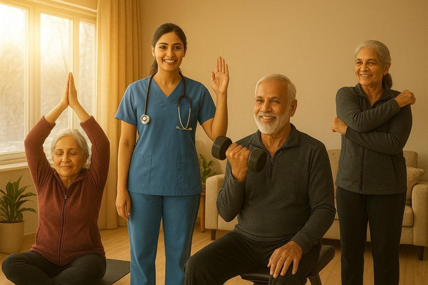 Senior residents practicing gentle indoor exercises during winter at Sanctus Healthcare Pune