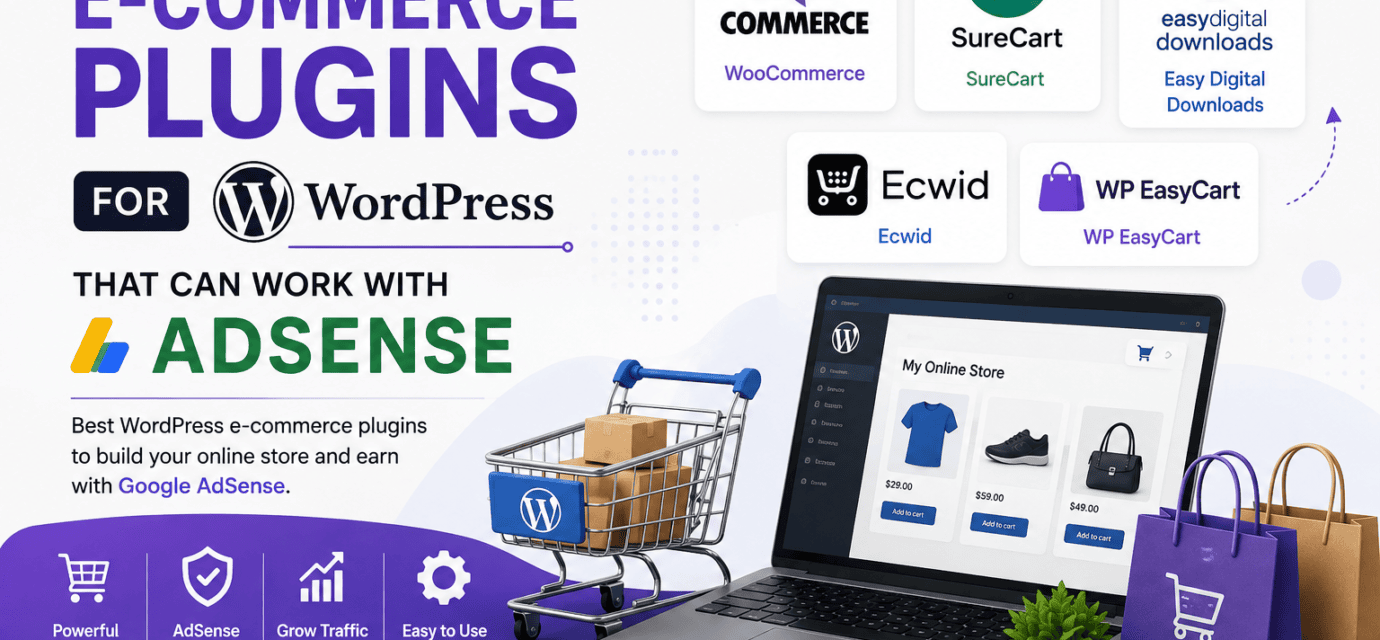 Top WordPress e-commerce plugins including WooCommerce, SureCart, Easy Digital Downloads, Ecwid and WP EasyCart that can work with AdSense