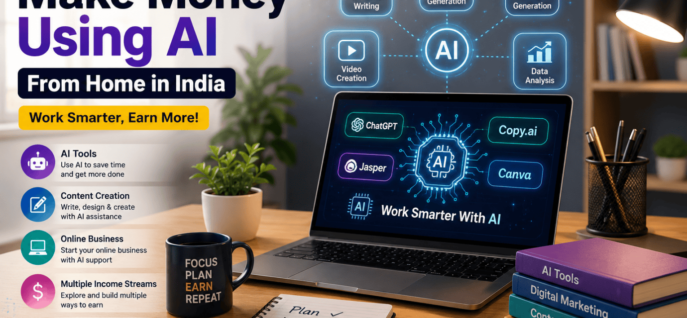 How to Make Money Using AI From Home in India, featuring a modern home workspace with a laptop displaying AI tools and income opportunities.