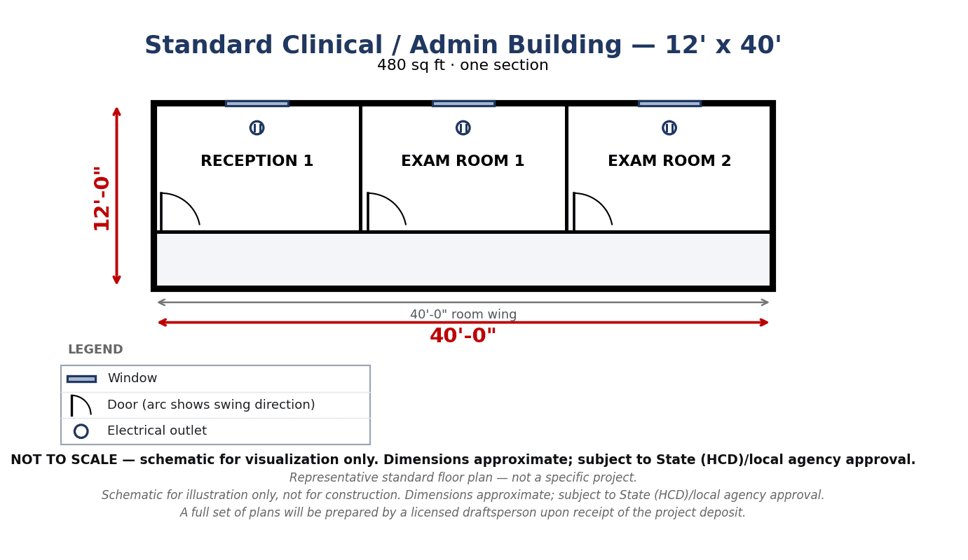 opt_clinic_12x40 Representative floor plan of a standard modular medical clinic and admin building