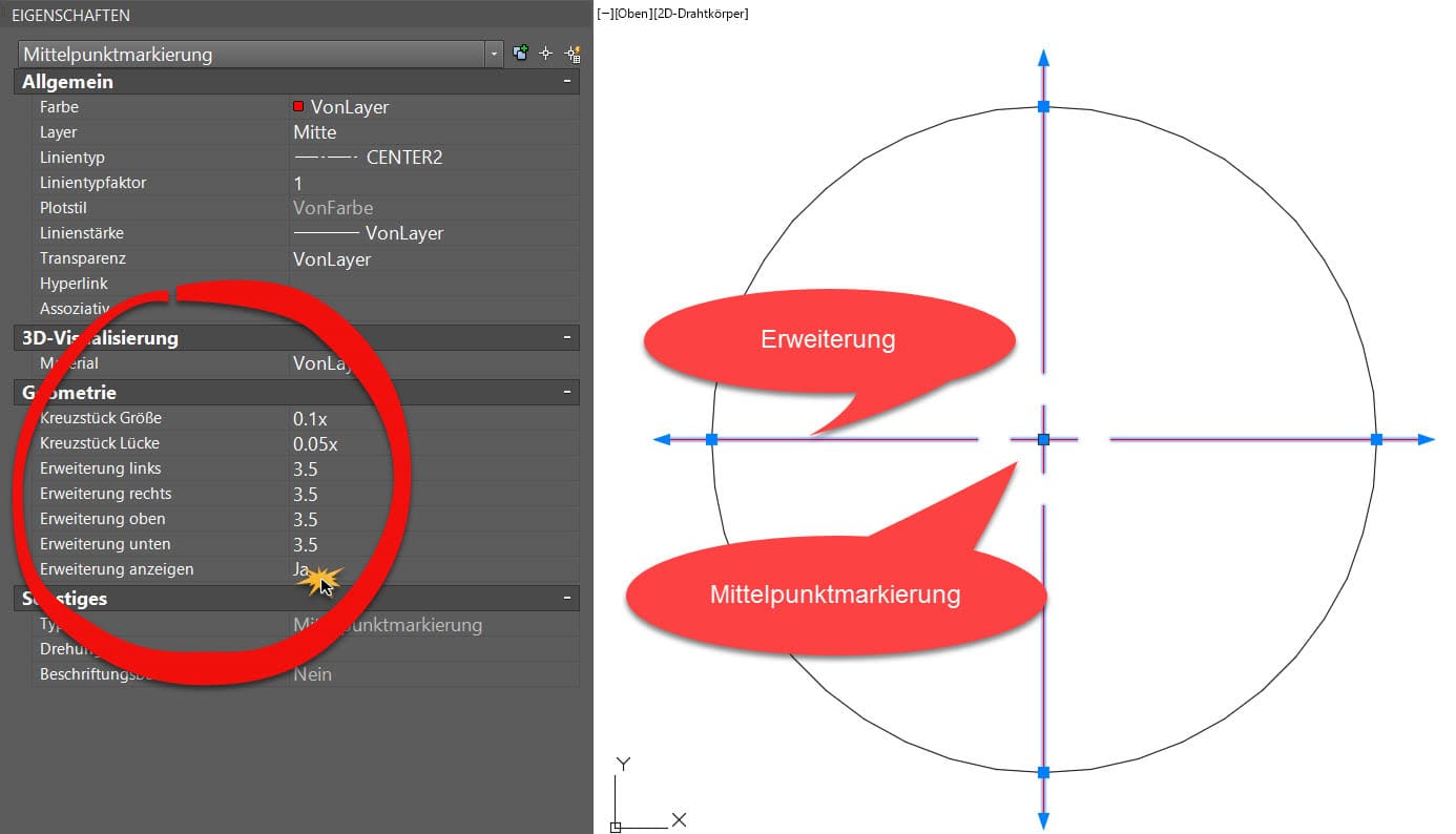 Mittelpunktmarkierung ein - AutoCAD 2017