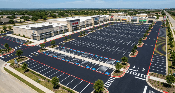 Retail center parking lot serving multiple storefronts