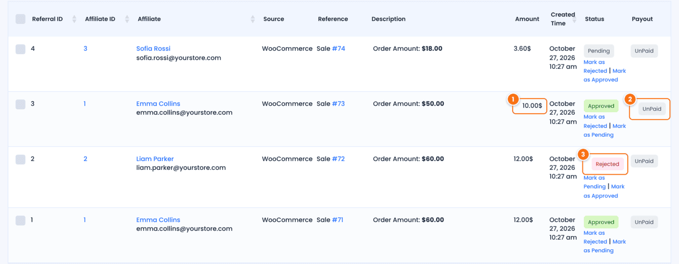 Referrals list in Ultimate Affiliate Pro with a Rejected referral for refunded order 72 and an Approved referral of 10 dollars for partially refunded order 73